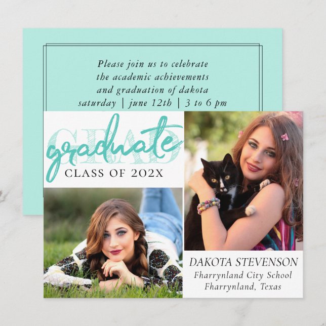 Graduate Mint Script | Light Green Brush Keepsake Invitation (Front/Back)