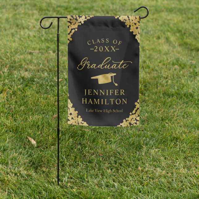 Graduate Modern Black Gold Confetti Graduation Garden Flag (In SItu)