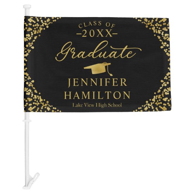 Graduate Modern Black Gold Graduation Car Flag (Front)