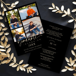 Graduate Modern Black Trendy Collage 4 Photos Invitation