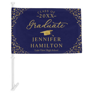 Graduate Modern Blue Gold Graduation Car Flag