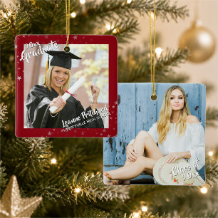 Graduate Modern Brush Script Stars Two Photos Red Ceramic Ornament