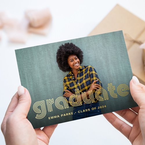 Graduate  Modern Disco Typography and Photos Gold Foil Invitation