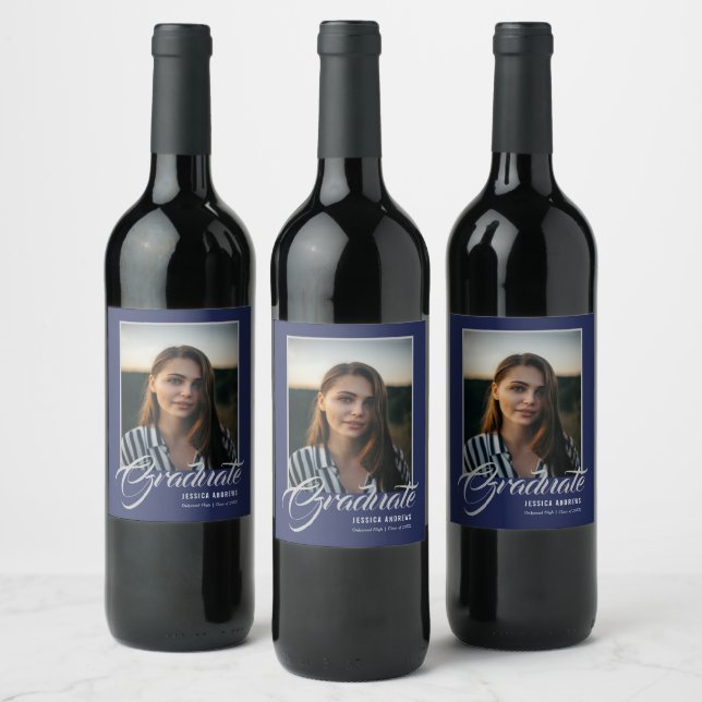 Graduate Modern Editable Photo Blue | Graduation Wine Label (Bottles)