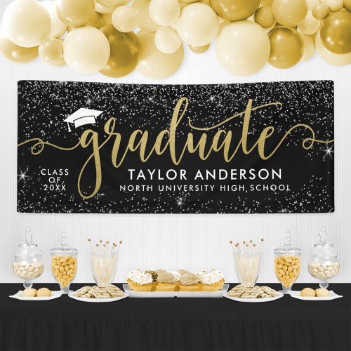 Graduate Modern Gold Script Black Graduation Party Banner