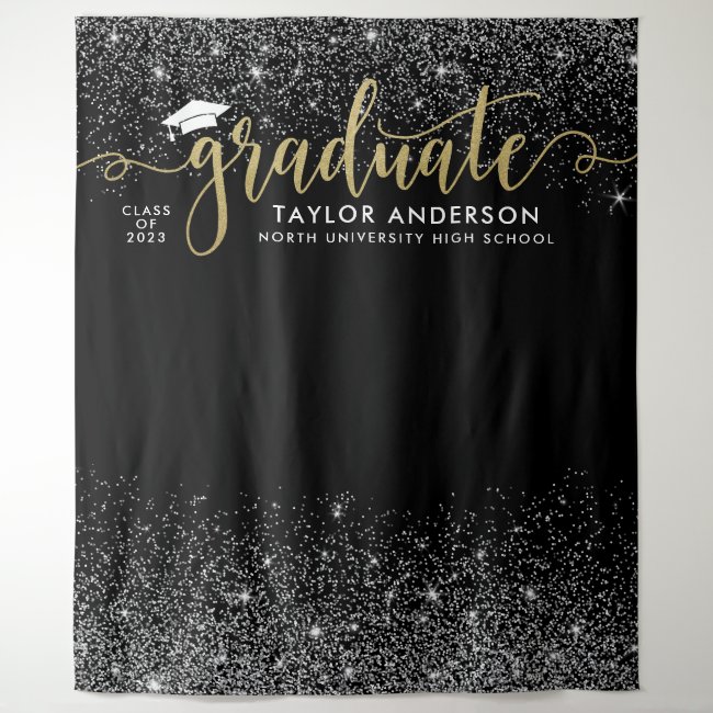 Graduate Modern Gold Script Black Graduation Party Tapestry