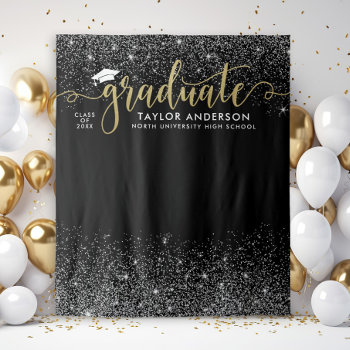 Graduate Modern Gold Script Black Graduation Party Tapestry by Plush_Paper at Zazzle