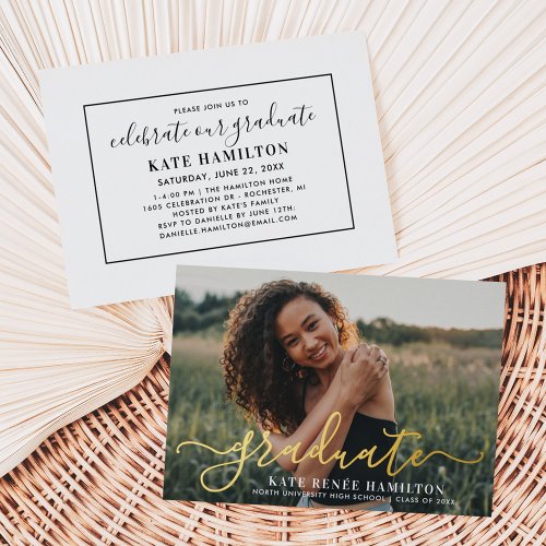 Graduate Modern Gold Script Graduation Party Photo Foil Invitation