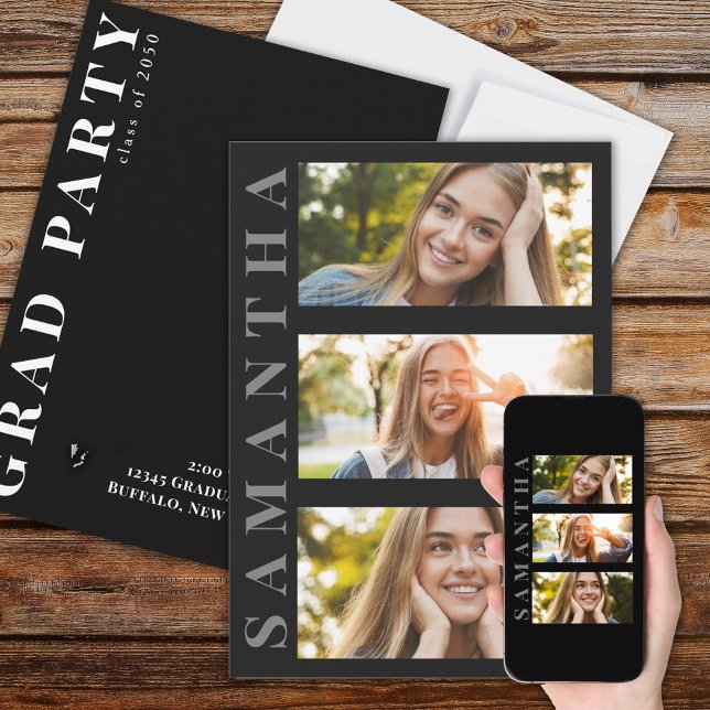 Graduate Modern Minimalist Simple Three Photo Invitation (Creator Uploaded)