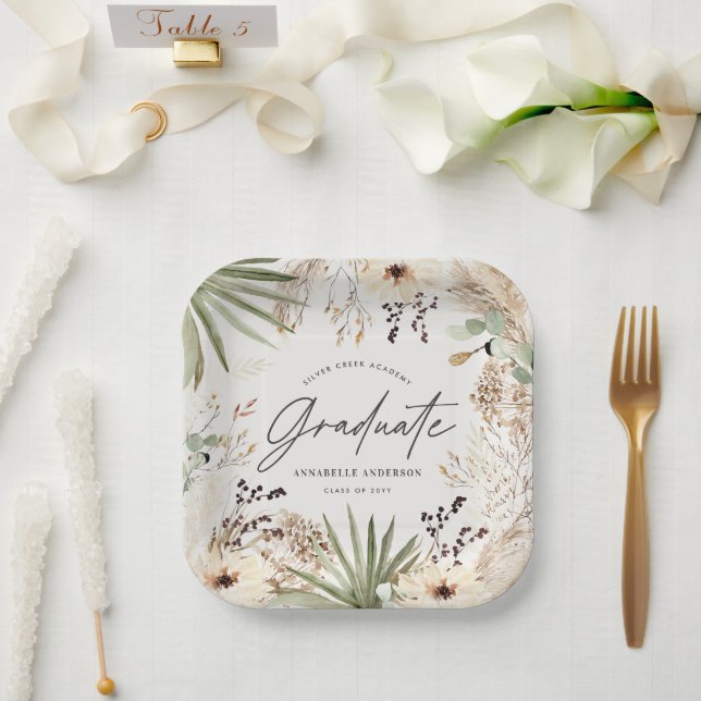 Graduate modern pampas grass foliage elegant chic paper plates (Wedding)
