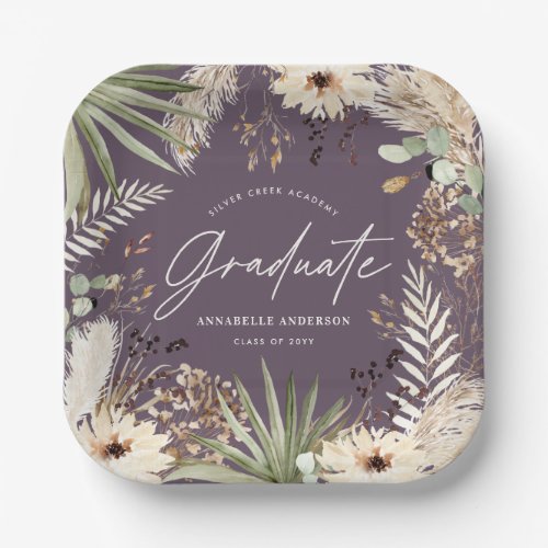 Graduate modern pampas grass purple elegant paper plates