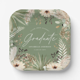 Graduate modern pampas grass sage green elegant paper plates
