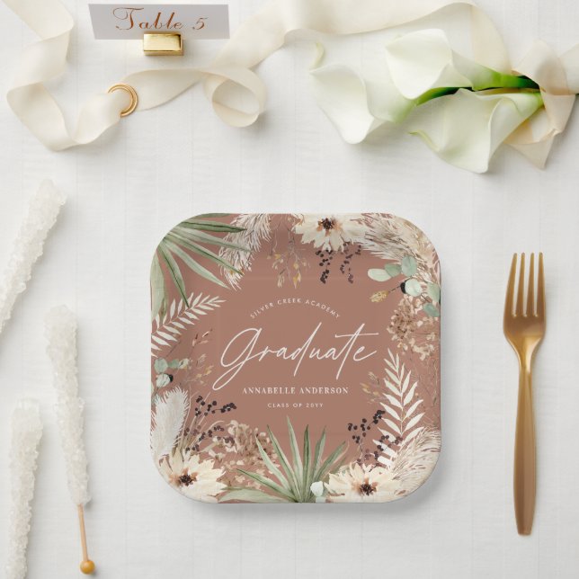 Graduate modern pampas grass terracotta elegant paper plates (Wedding)