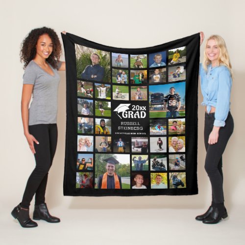 Graduate Modern Photo Collage GRAD 35 Photos Black Fleece Blanket