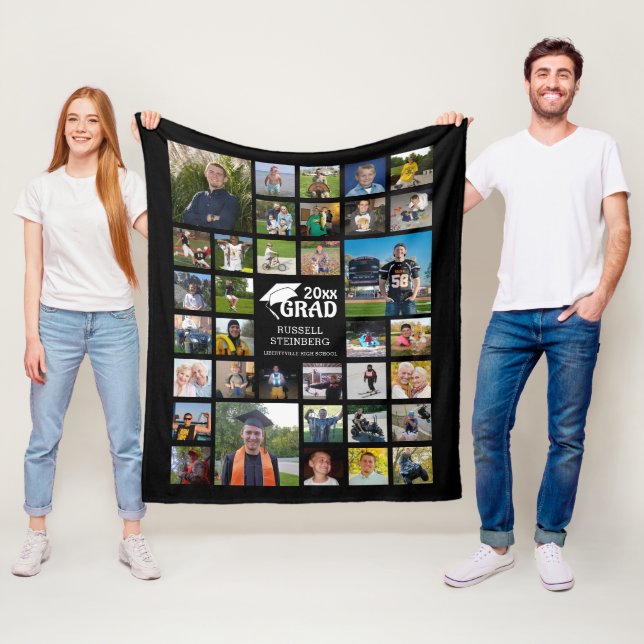 Graduate Modern Photo Collage GRAD 35 Photos Black Fleece Blanket (In Situ)
