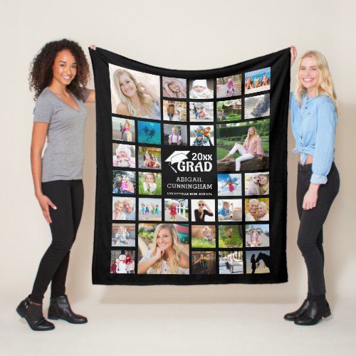 Graduate Modern Photo Collage Name School Black Fleece Blanket