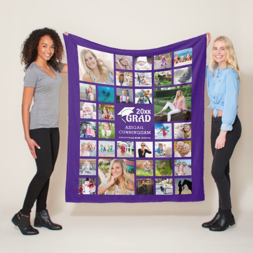 Graduate Modern Photo Collage Name School Purple Fleece Blanket