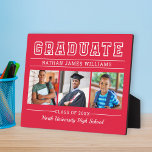 Graduate Modern Red 3 Photo Graduation Plaque<br><div class="desc">Classic 3 photo graduation plaque display sign with easel features Graduate in bold serif lettering with modern custom text that can be fully customized with the graduate's full name, class year, and school name. Add three favorite pictures of the graduate to the square placeholder images. Red background color can be...</div>