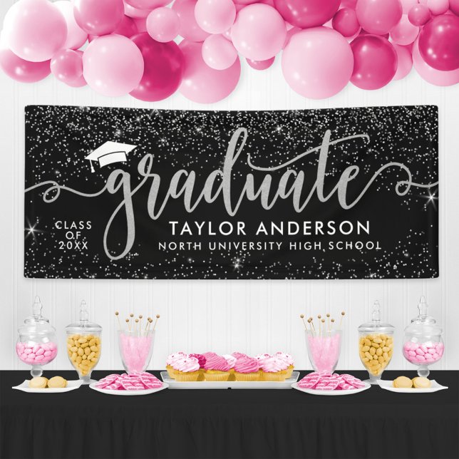 Graduate Modern Silver Script Graduation Party Banner (Creator Uploaded)