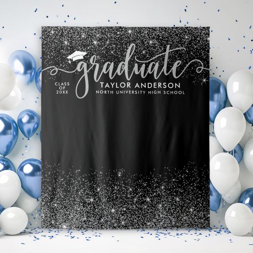 Graduate Modern Silver Script Graduation Party Tapestry
