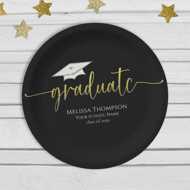 Graduate Modern Simple Gold Graduation Cap Paper Plates (Creator Uploaded)