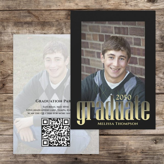 Graduate Modern Simple Gold Stylish Typography Invitation (Graduation photo invitation announcement with gold modern typography.)