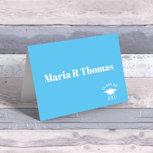 Graduate Modern Simple Minimalist Typography Cards (Carolina blue graduation thank you card with a mortarboard and class of. )