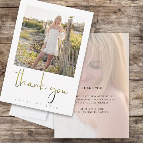 Graduate Modern Simple Photo Calligraphy Gold Thank You Card