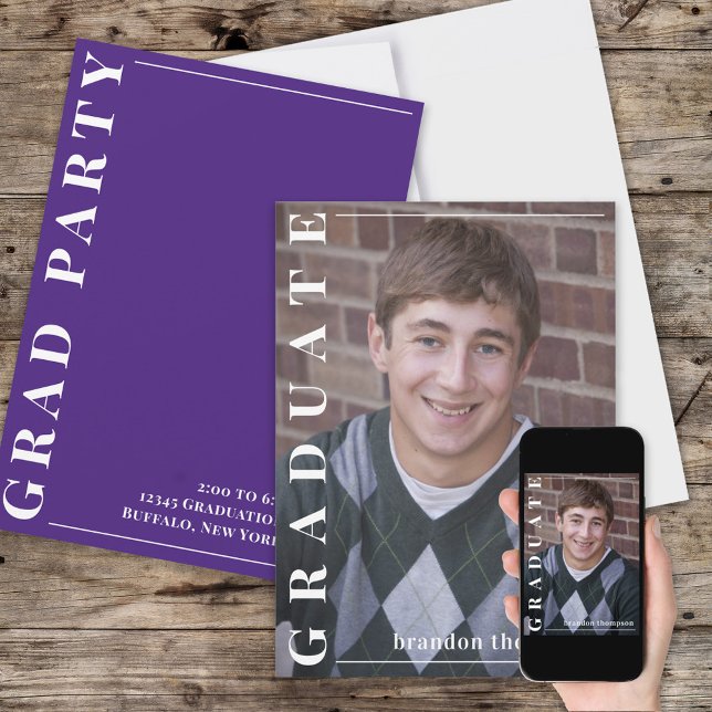 Graduate Modern Simple Photo Minimalist Purple Invitation (Creator Uploaded)