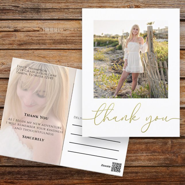 Graduate Modern Simple Trendy Minimalist Thank You Postcard (Graduation photo postcard with a two-photo template and gold calligraphy.)