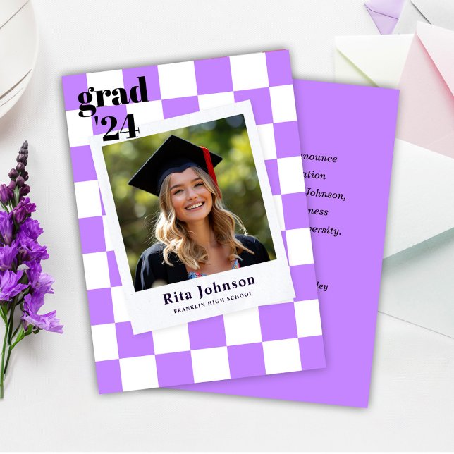 Graduate Modern Stylish Photo Checkered Graduation Announcement (Purple Modern Stylish Photo Checkered Graduation Announcement)