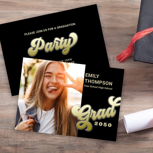 Graduate Modern Stylish Retro Grad Gold  Invitation (Graduation Gold "grad" Retro typography script modern black and gold.)