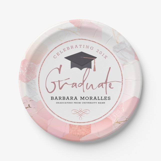 Graduate modern typography girly geometric marble paper plates (Front)