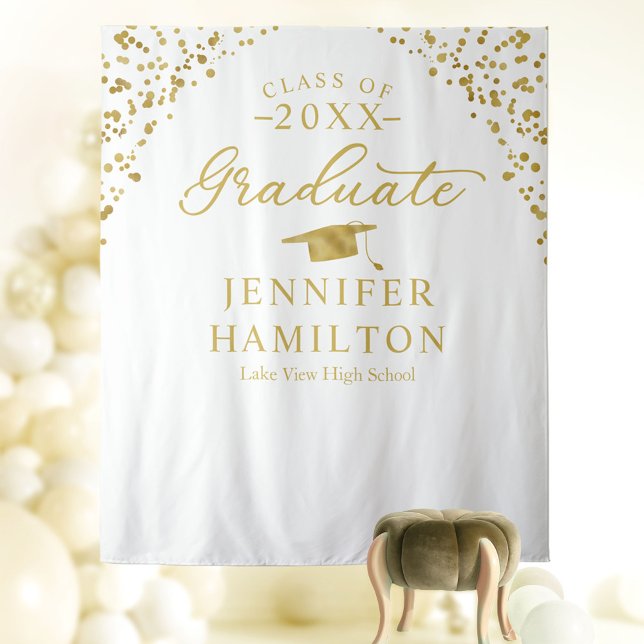Graduate Modern White Gold Graduation Backdrop  (Creator Uploaded)