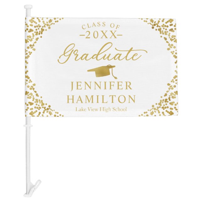 Graduate Modern White Gold Graduation Car Flag (Front)