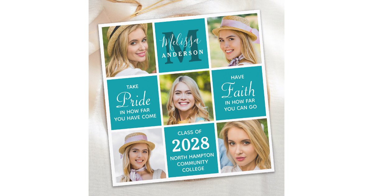 Graduate Monogram 5 Photo Collage Teal Graduation Announcement | Zazzle