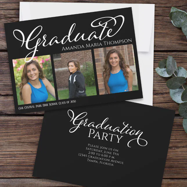 Graduate Multi Photo Black Elegant Calligraphy Invitation Zazzle