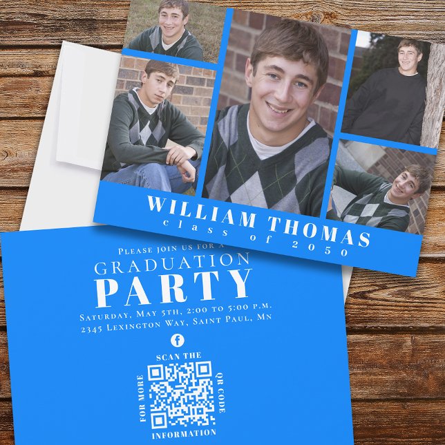 Graduate Multi Photo Collage Azure Blue QR Code Invitation (Creator Uploaded)