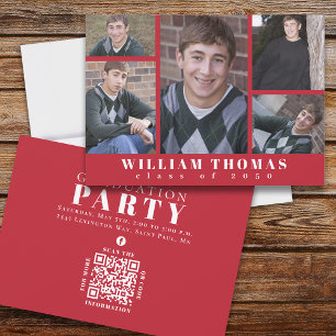 Graduate Multi Photo Collage Cardinal Red QR Code Invitation