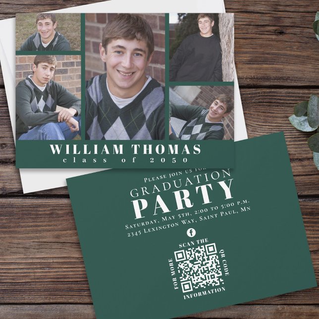 Graduate Multi Photo Collage Dark Green QR Code Invitation (Creator Uploaded)