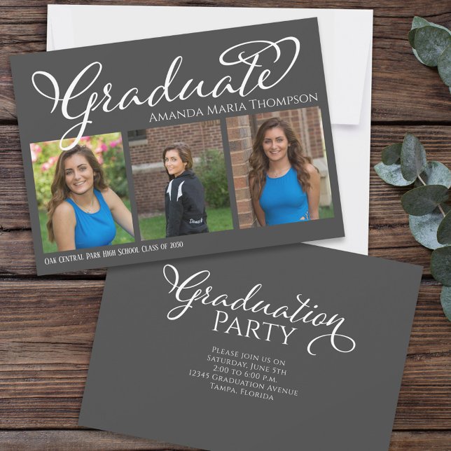 Graduate Multi Photo Simple Elegant Calligraphy Invitation (Creator Uploaded)