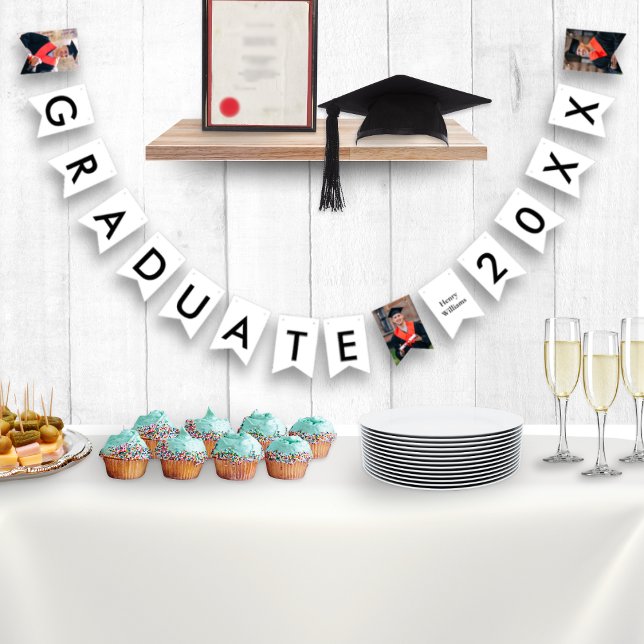 Graduate Name and Year 3 Photos Custom Graduation Bunting Flags (A set of festive bunting to celebrate the new graduate, to customize with name, year and 3 photos)