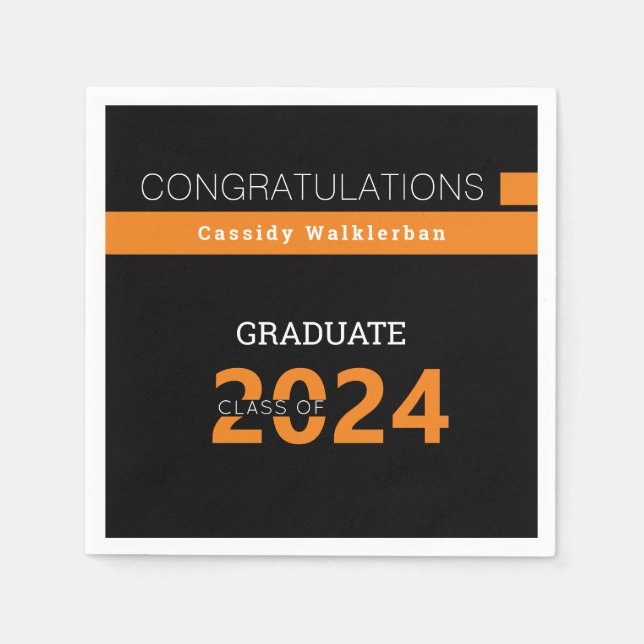Graduate Name Black Orange Graduation Napkins (Front)