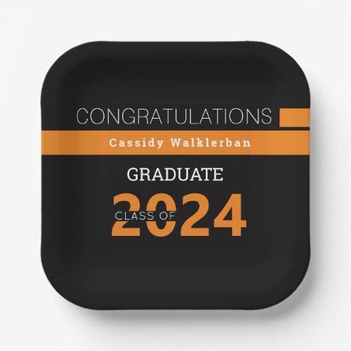 Graduate Name Black Orange Graduation  Paper Plates