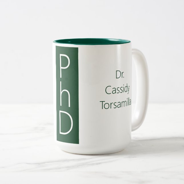 Graduate Name Green Degree PhD Two-Tone Coffee Mug (Front Right)