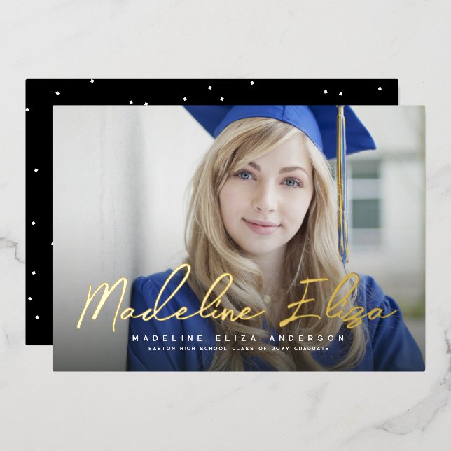 Graduate name signature script photo graduation foil invitation (Front/Back)