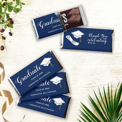 Graduate Navy Blue and White Thank You Graduation Hershey Bar Favors