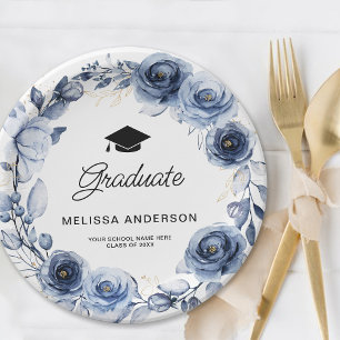 Graduate Navy Blue Flowers Paper Plates