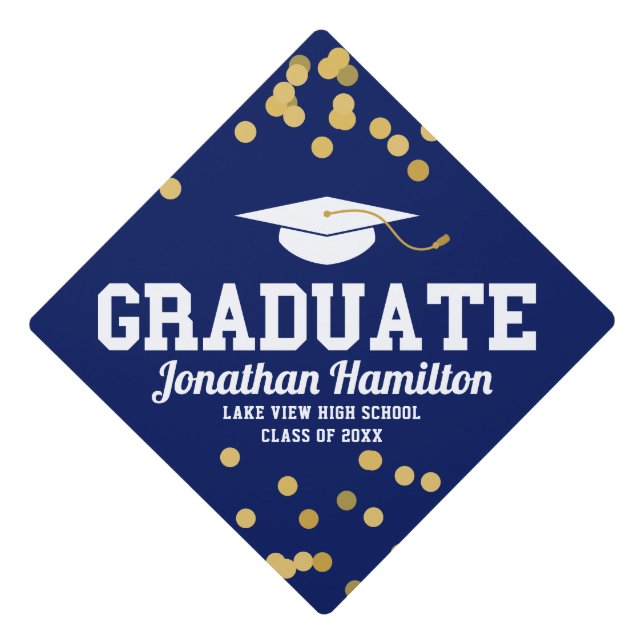 Graduate Navy Blue Gold Confetti  Graduation Cap Topper (Front)