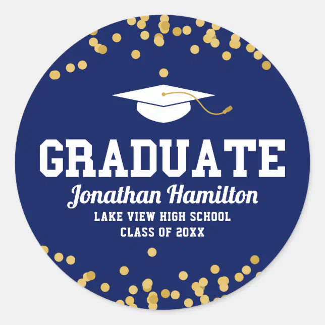 Graduate Navy Blue Gold Confetti Graduation Classic Round Sticker | Zazzle
